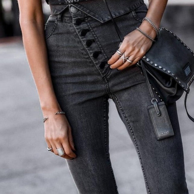 Tmavé dámské džíny s vysokým pasem