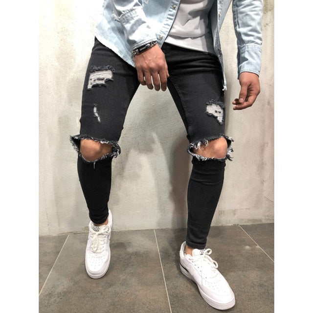 Luxusní pánské džíny s dírama na kolenou